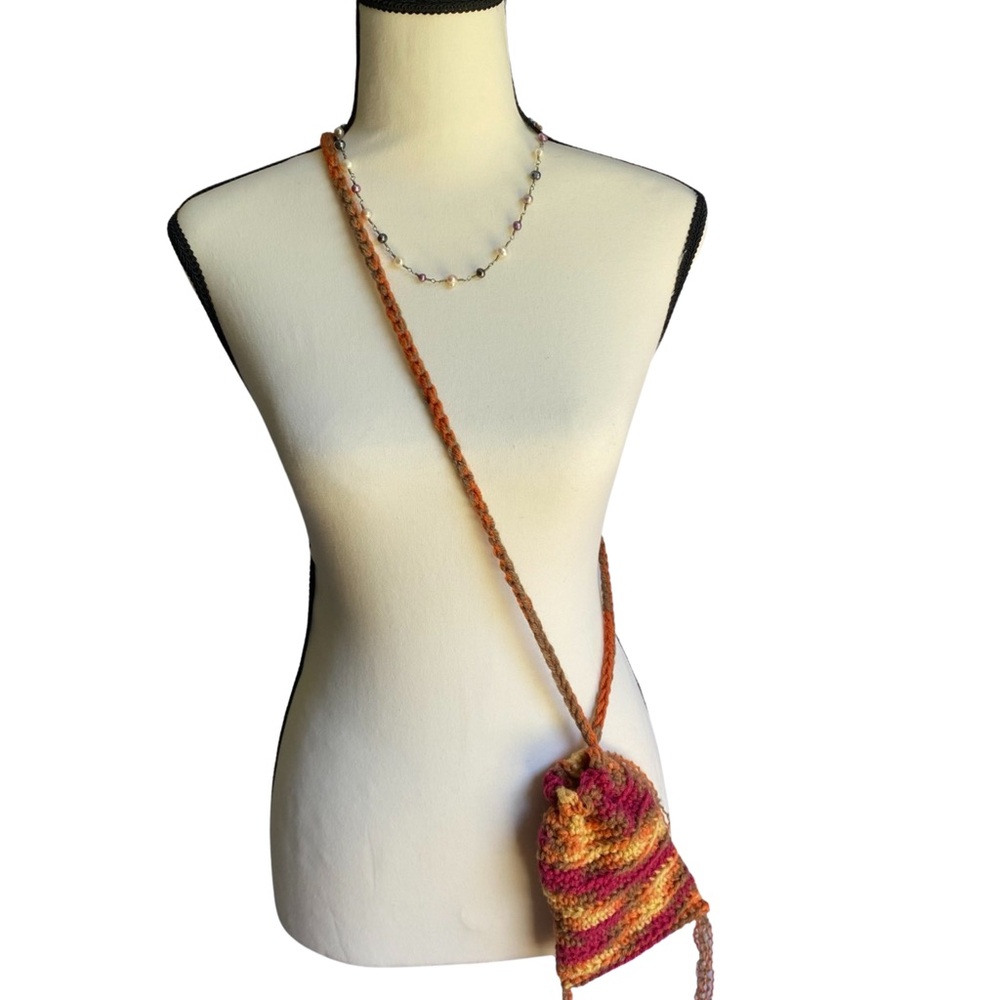 NEW; Hand crocheted cross body cell phone pouch; 41” strap